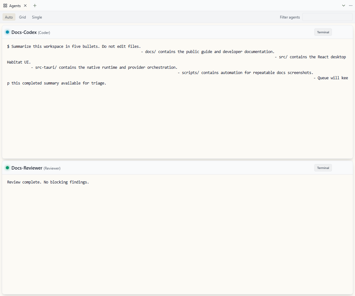 Wardian Grid showing active agents with status and terminal cards