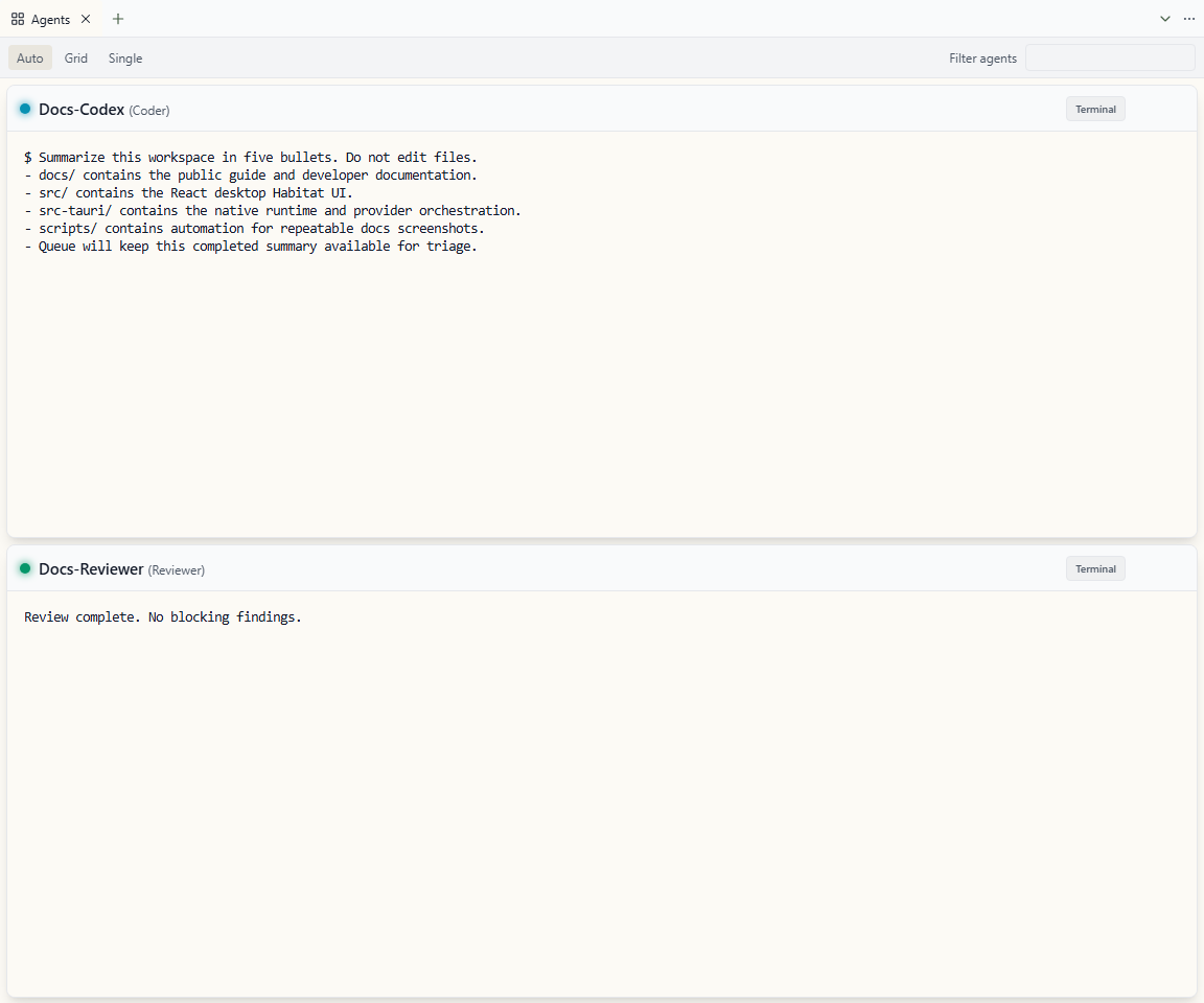 Wardian Grid showing active agents with status and terminal cards