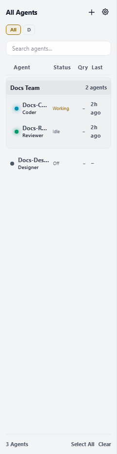 Wardian agent roster showing grouped agents with status, query count, and last queried columns