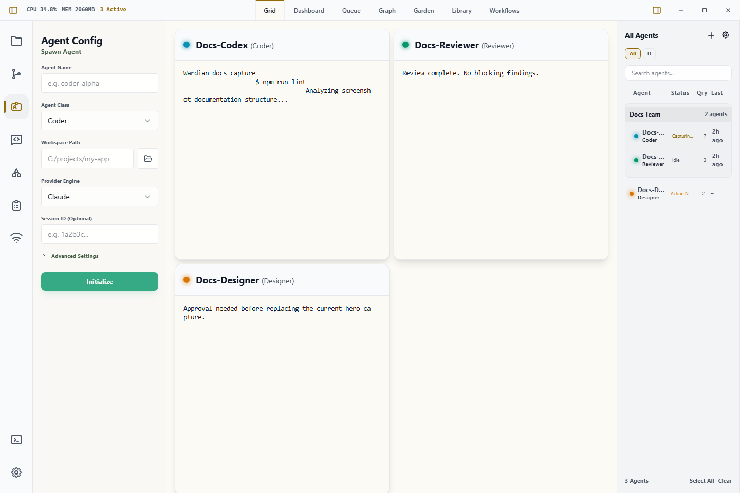 Wardian Grid view showing the left control rail, active agent cards, and right agent roster