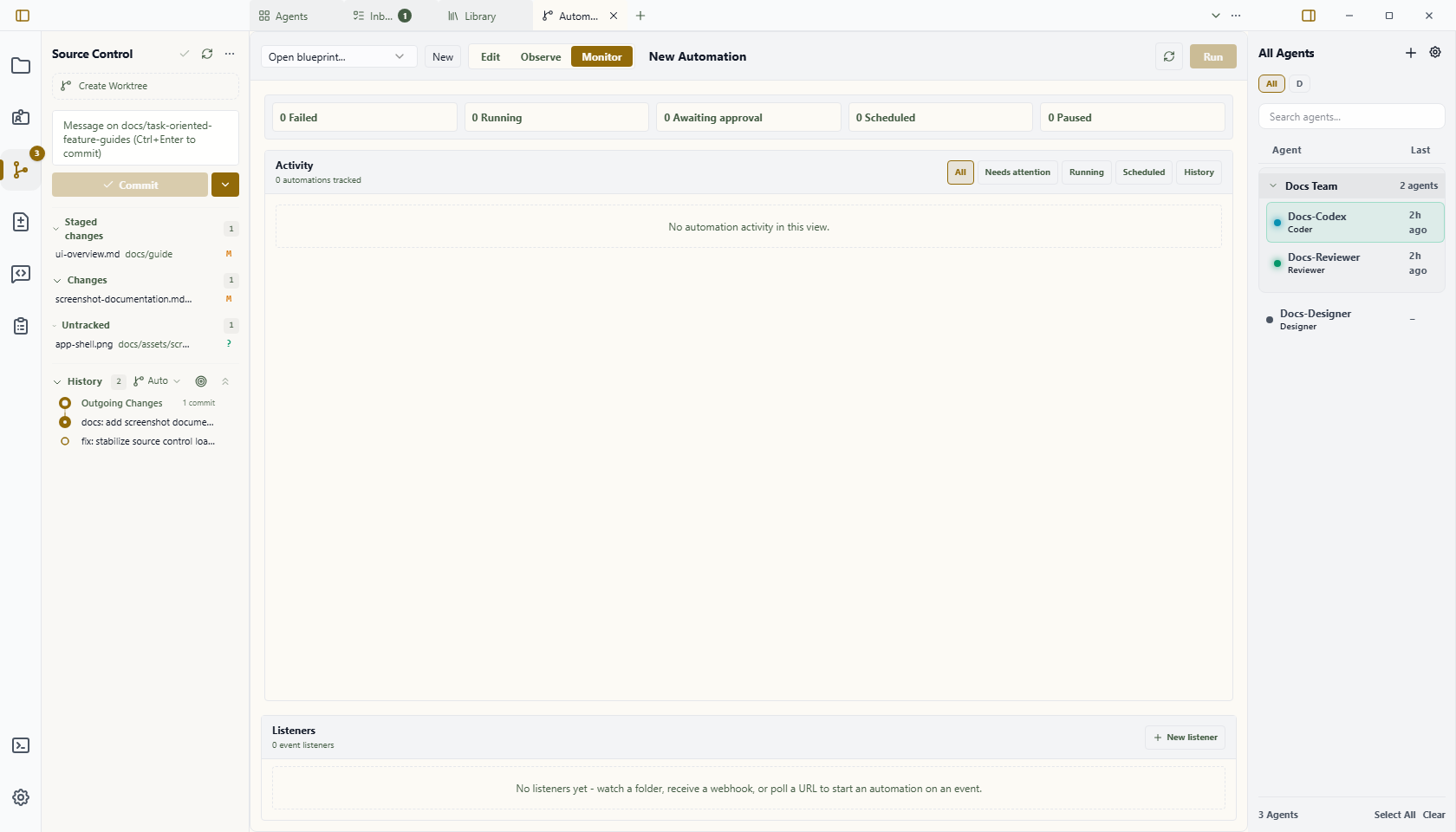 Wardian Automation view showing the automation sidebar, builder canvas, connected nodes, and run controls
