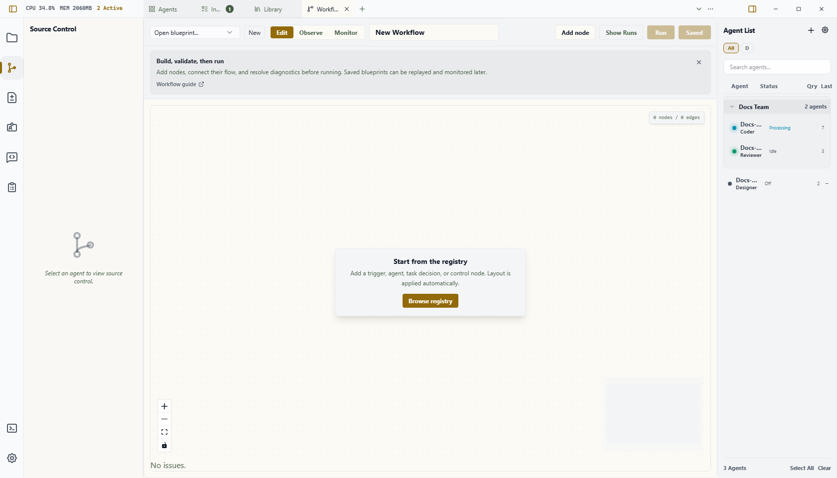 Wardian Automation view showing the automation sidebar, builder canvas, connected nodes, and run controls