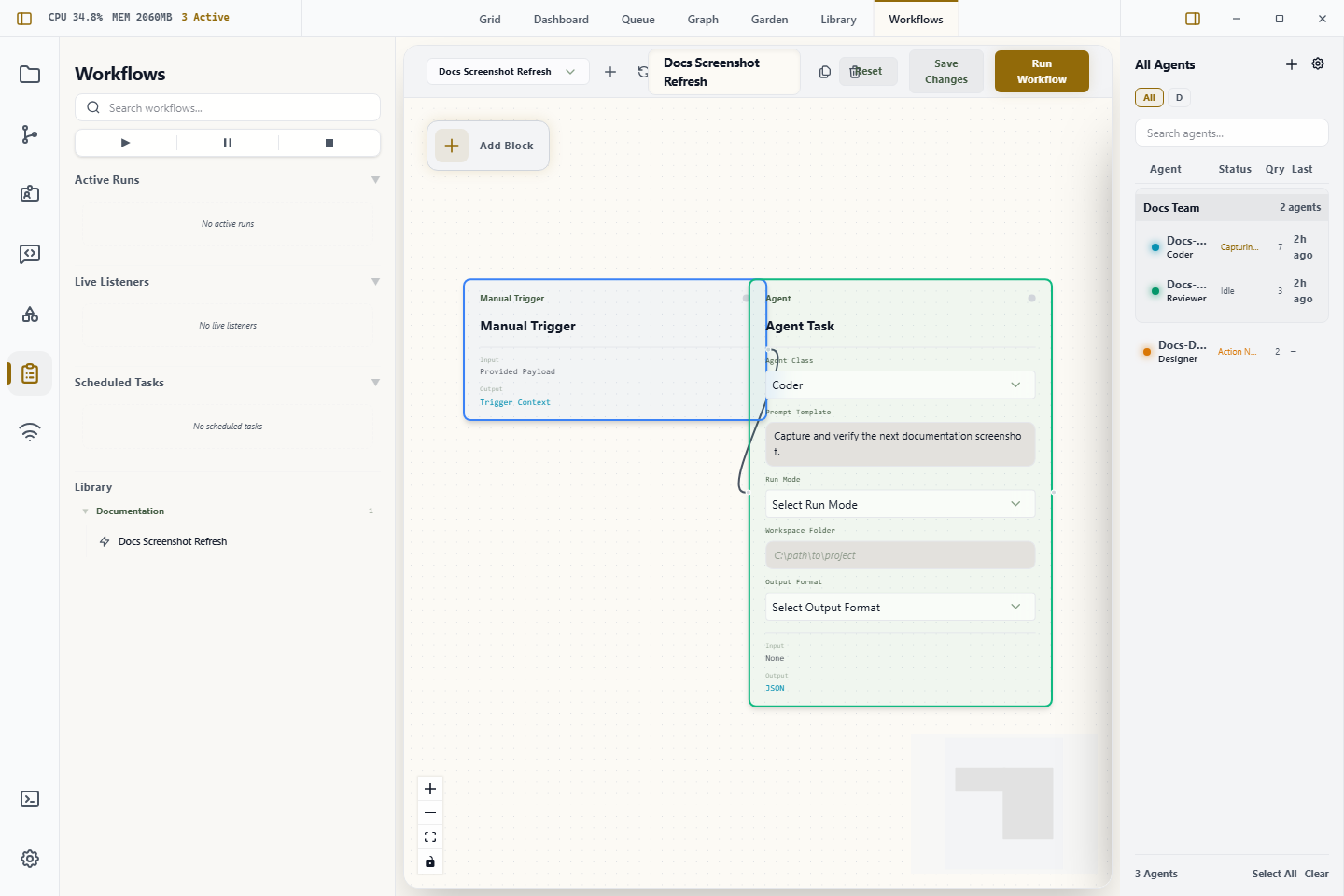 Wardian Workflow view showing the workflow sidebar, builder canvas, connected nodes, and run controls