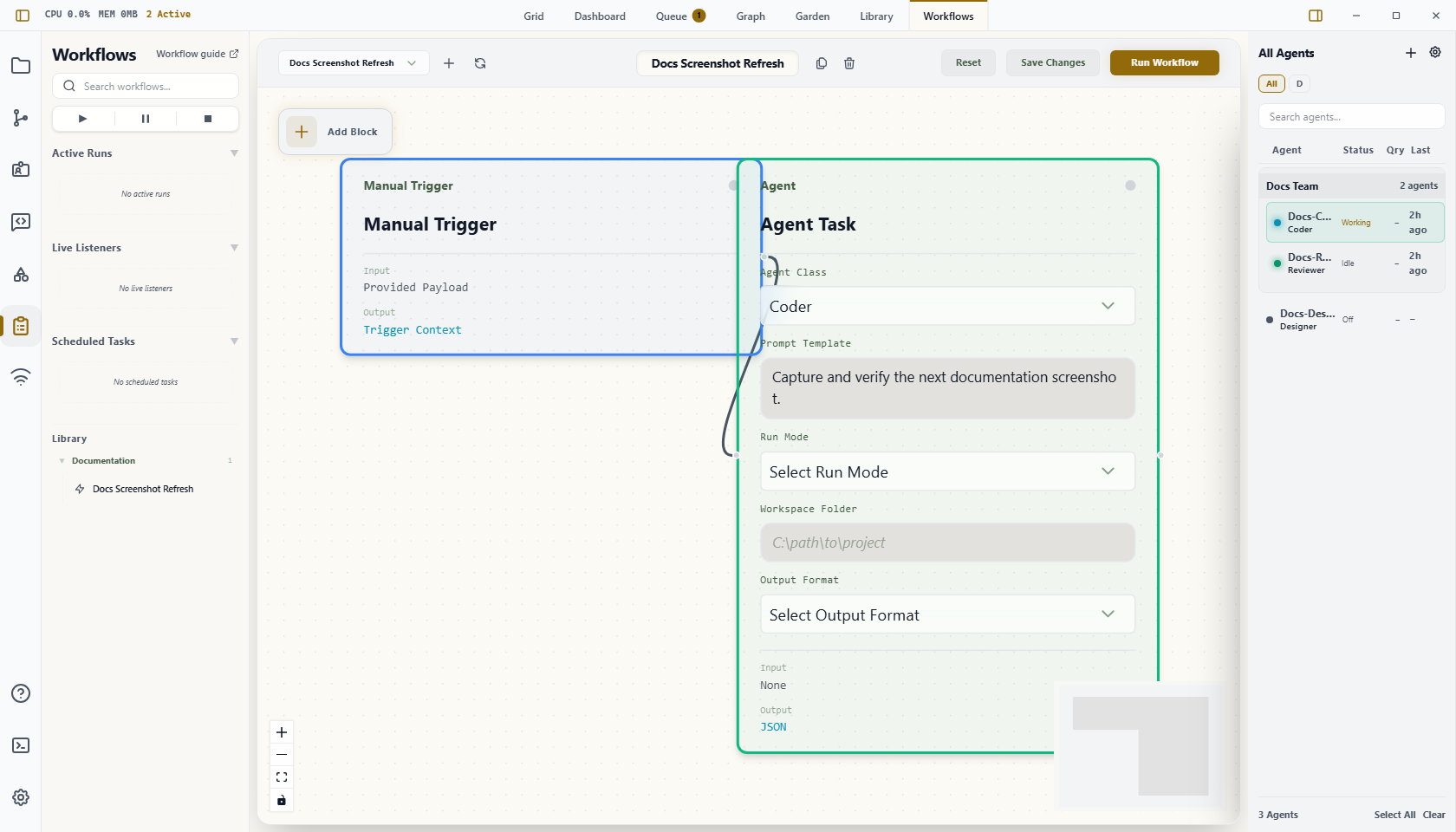 Wardian Workflow view showing the workflow sidebar, builder canvas, connected nodes, and run controls