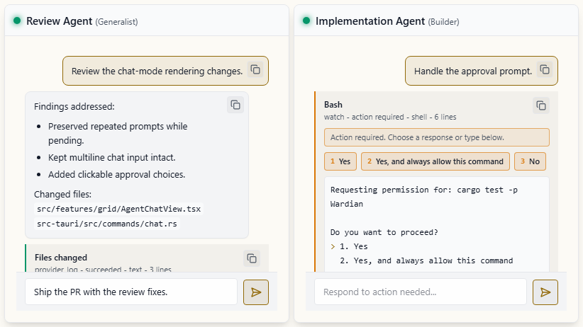 Grid chat mode showing normalized agent messages, action-needed output, and prompt composers