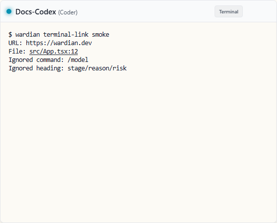 Terminal output showing clickable URL and workspace file path links with underlines aligned below the detected text
