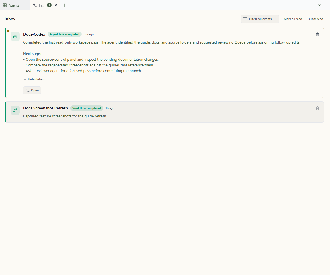Wardian Inbox showing a completed first agent task with a summary