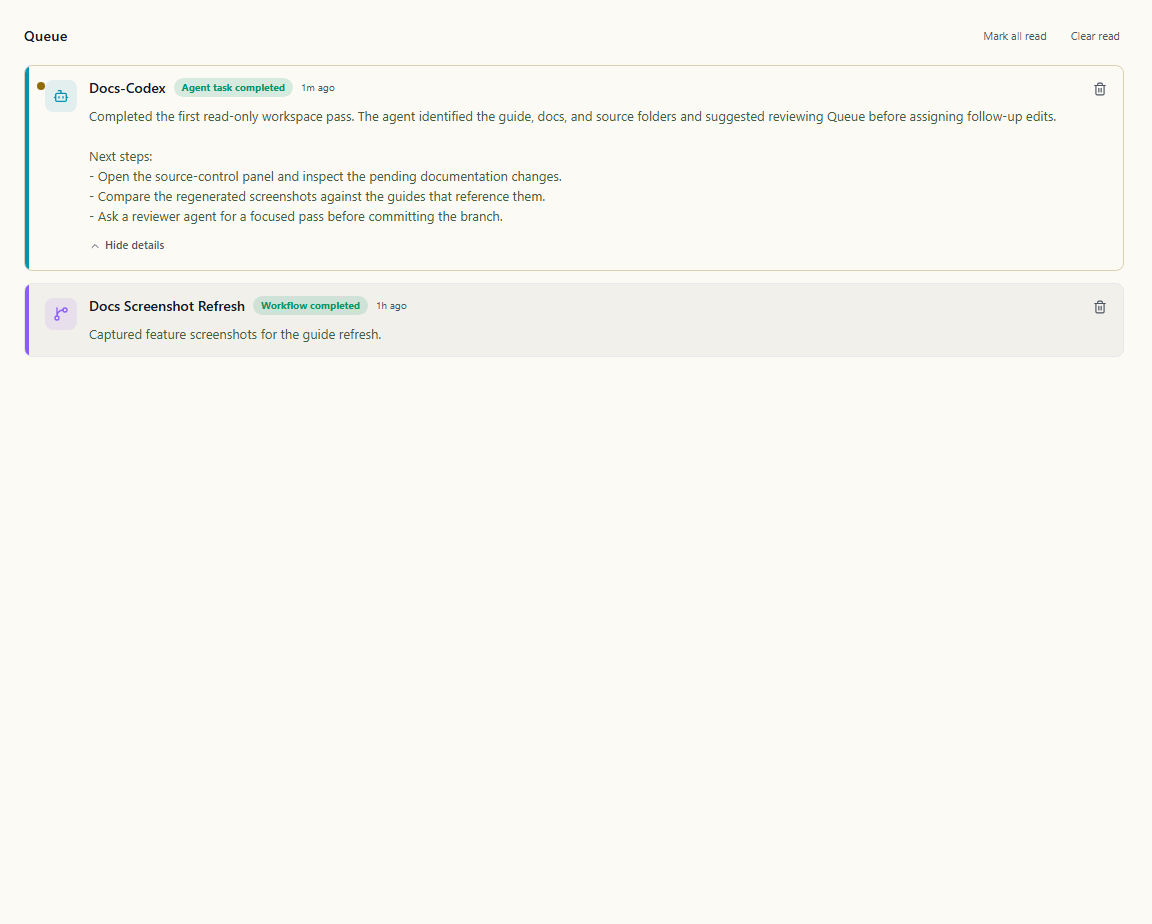 Wardian Queue showing a completed first agent task with a summary