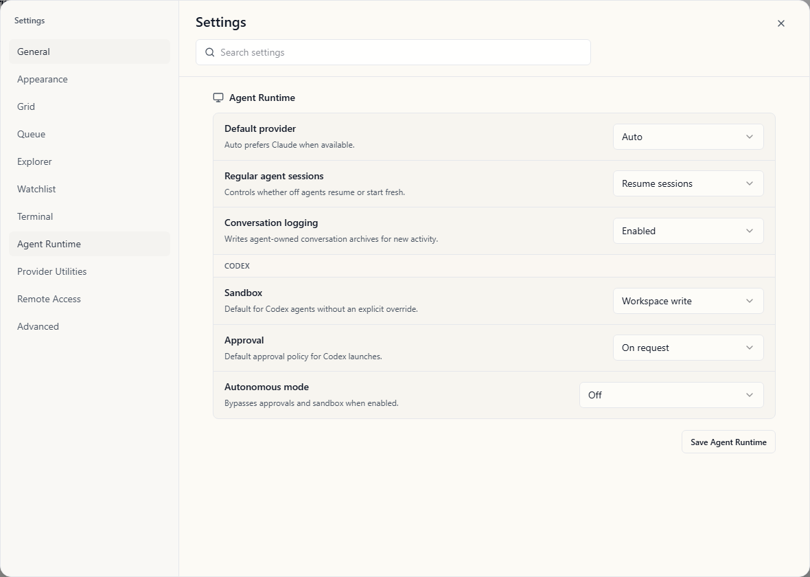 Wardian Settings modal showing agent runtime defaults and the conversation logging control