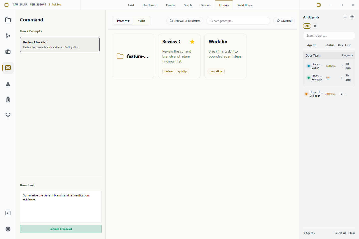 Wardian Library view showing folders, reusable prompts, starred prompts, and search controls