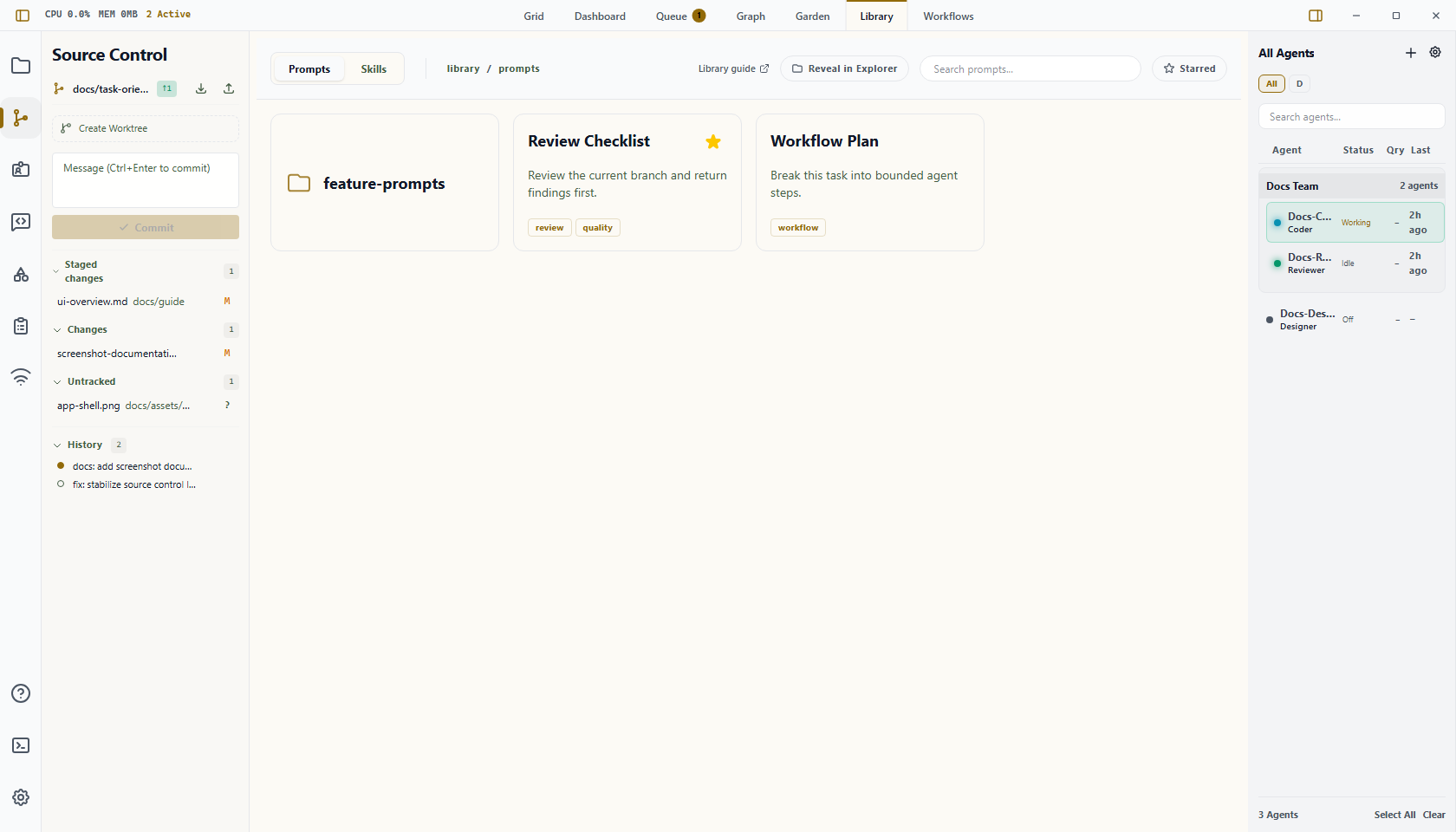 Wardian Library view showing folders, reusable prompts, starred prompts, and search controls