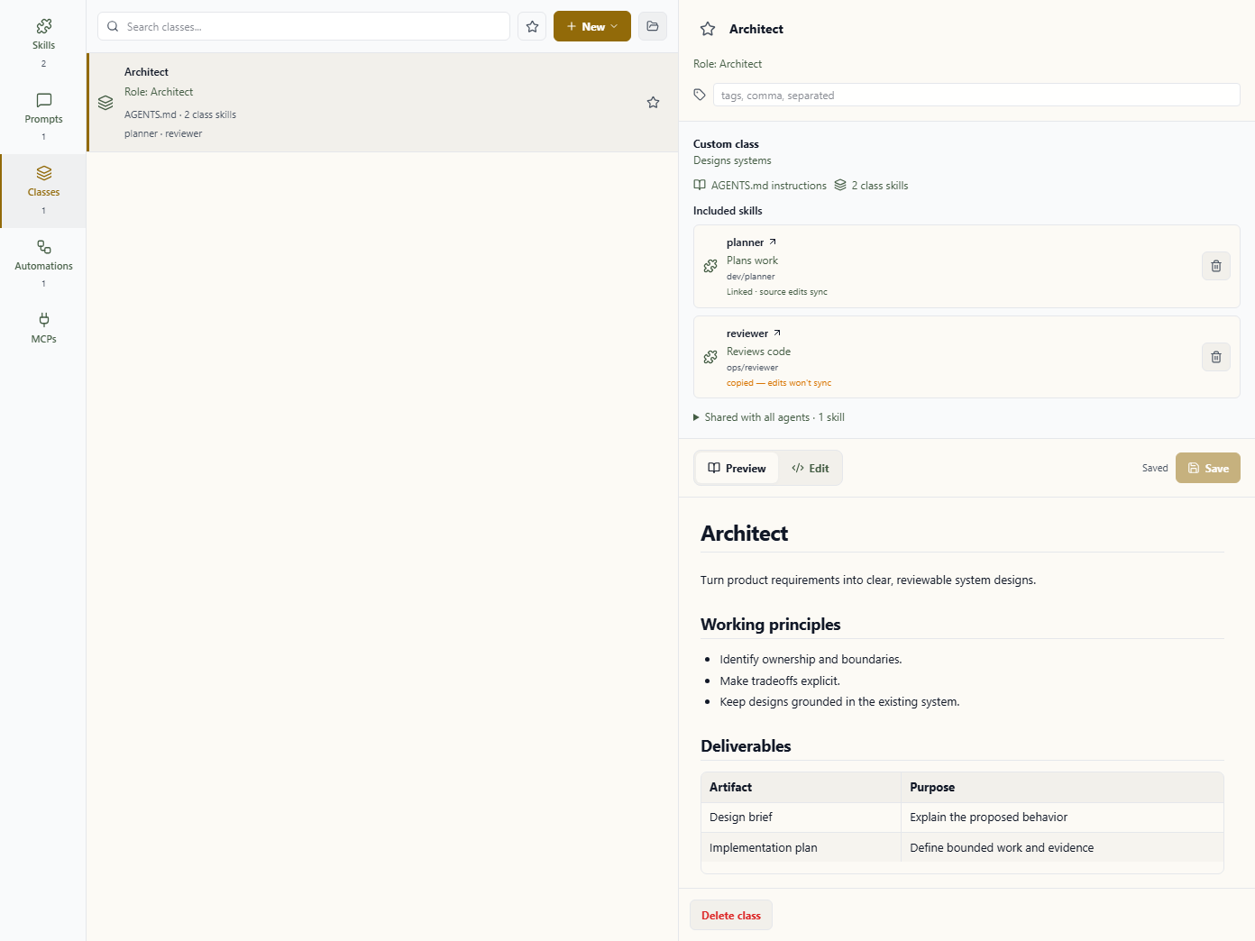 Library class contents showing included skills, sync status, and rendered instructions