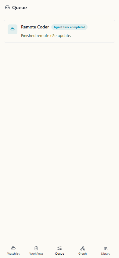 Mobile PWA Queue showing a recent agent completion summary