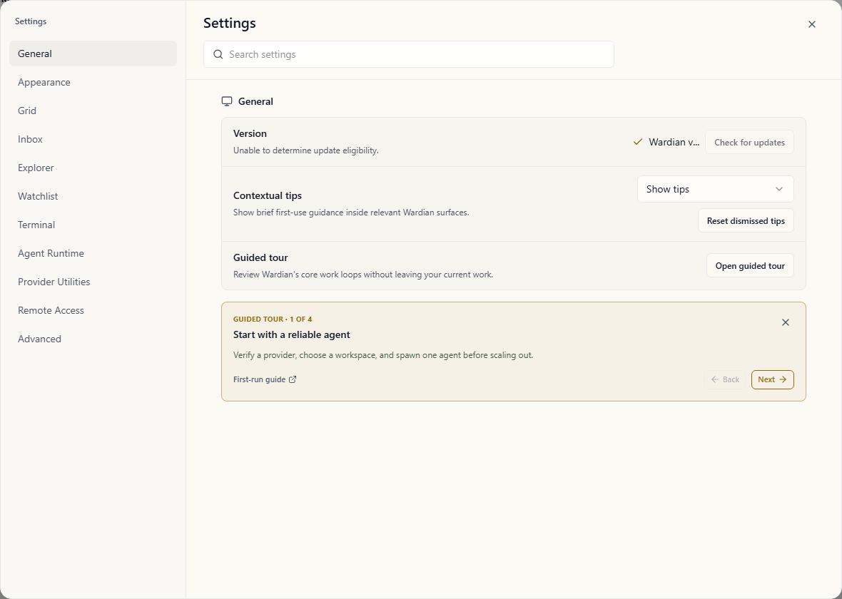 Settings General section showing contextual tip controls and the guided tour