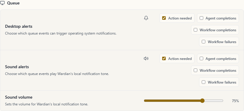Wardian Settings Queue panel showing desktop alerts, sound alerts, and the sound volume slider
