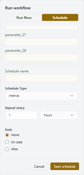 Workflow launch dialog scrolled through a long parameter form while the save controls remain visible