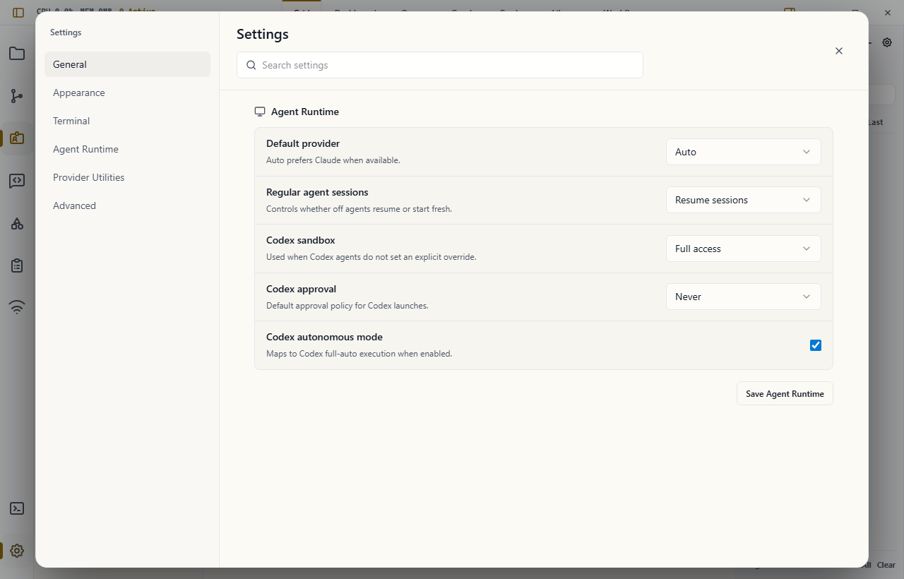 Wardian Settings modal showing agent runtime defaults and concise setting descriptions