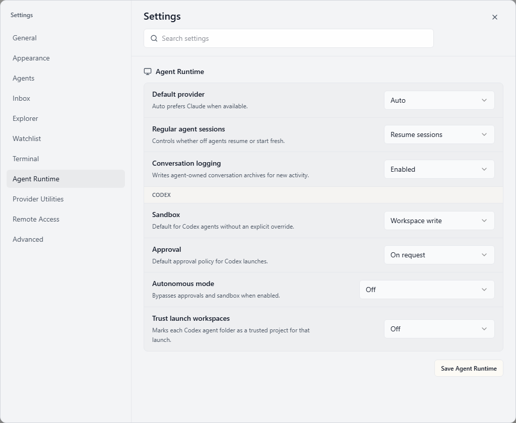 Wardian Settings modal showing agent runtime defaults and concise setting descriptions