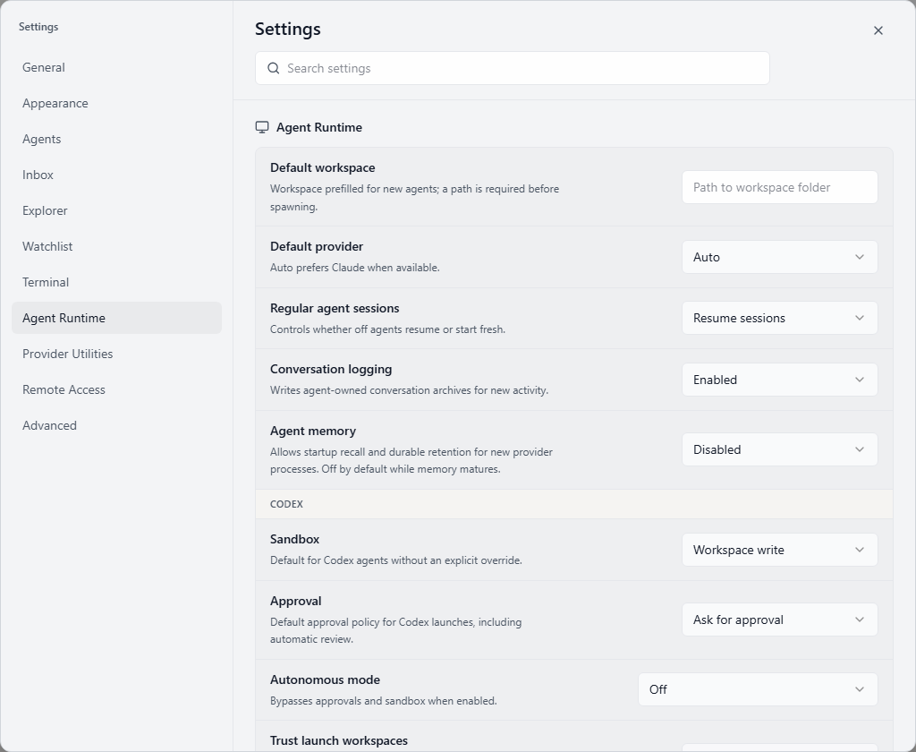 Wardian Settings modal showing agent runtime defaults and concise setting descriptions