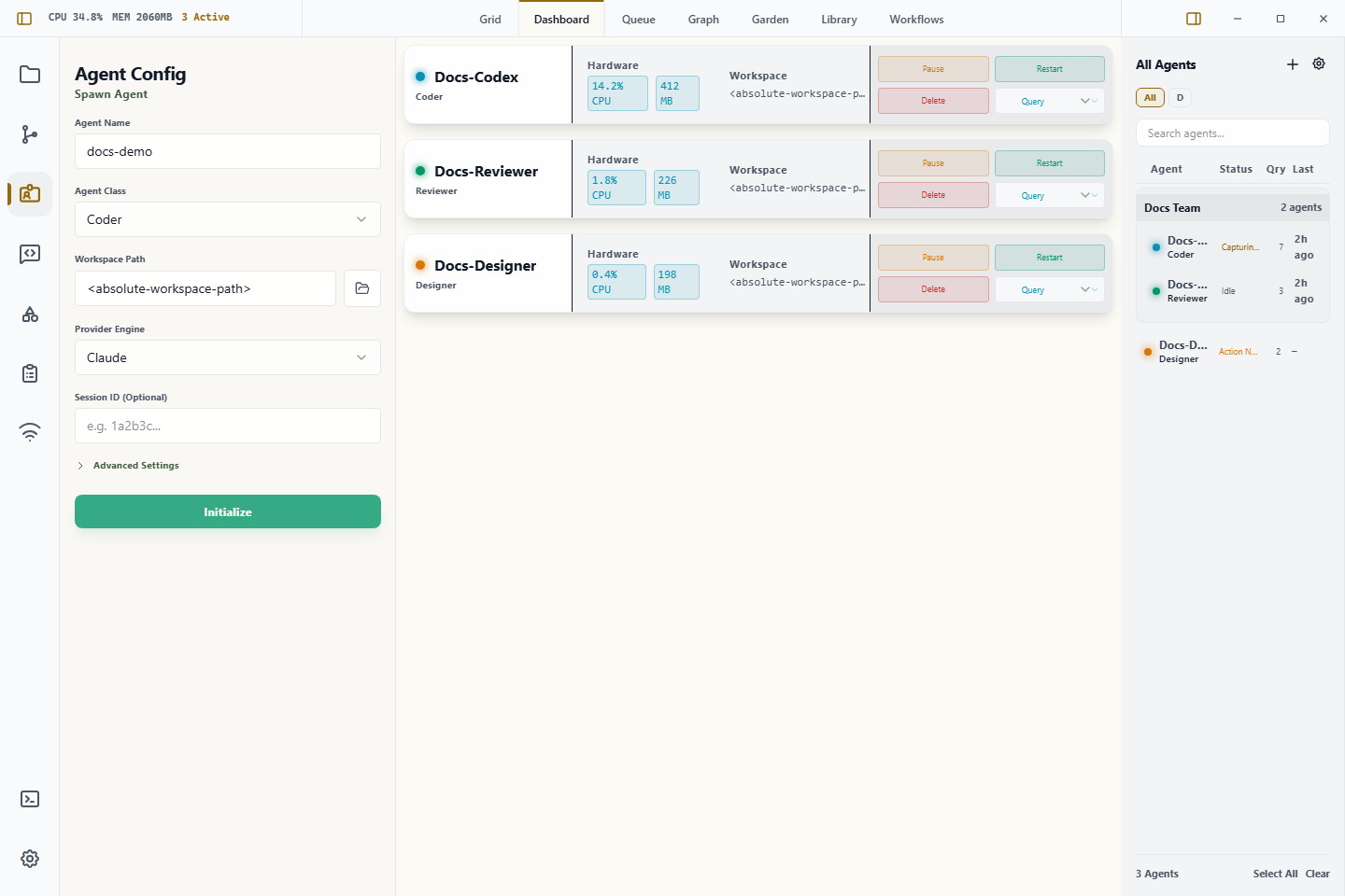 Wardian spawn agent form with agent name, class, workspace, provider, and initialize controls