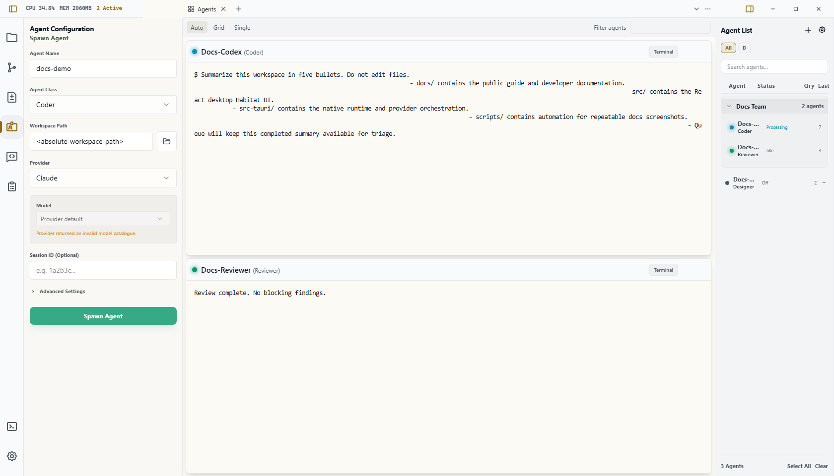 Wardian spawn agent form with agent name, class, workspace, provider, and Spawn Agent controls