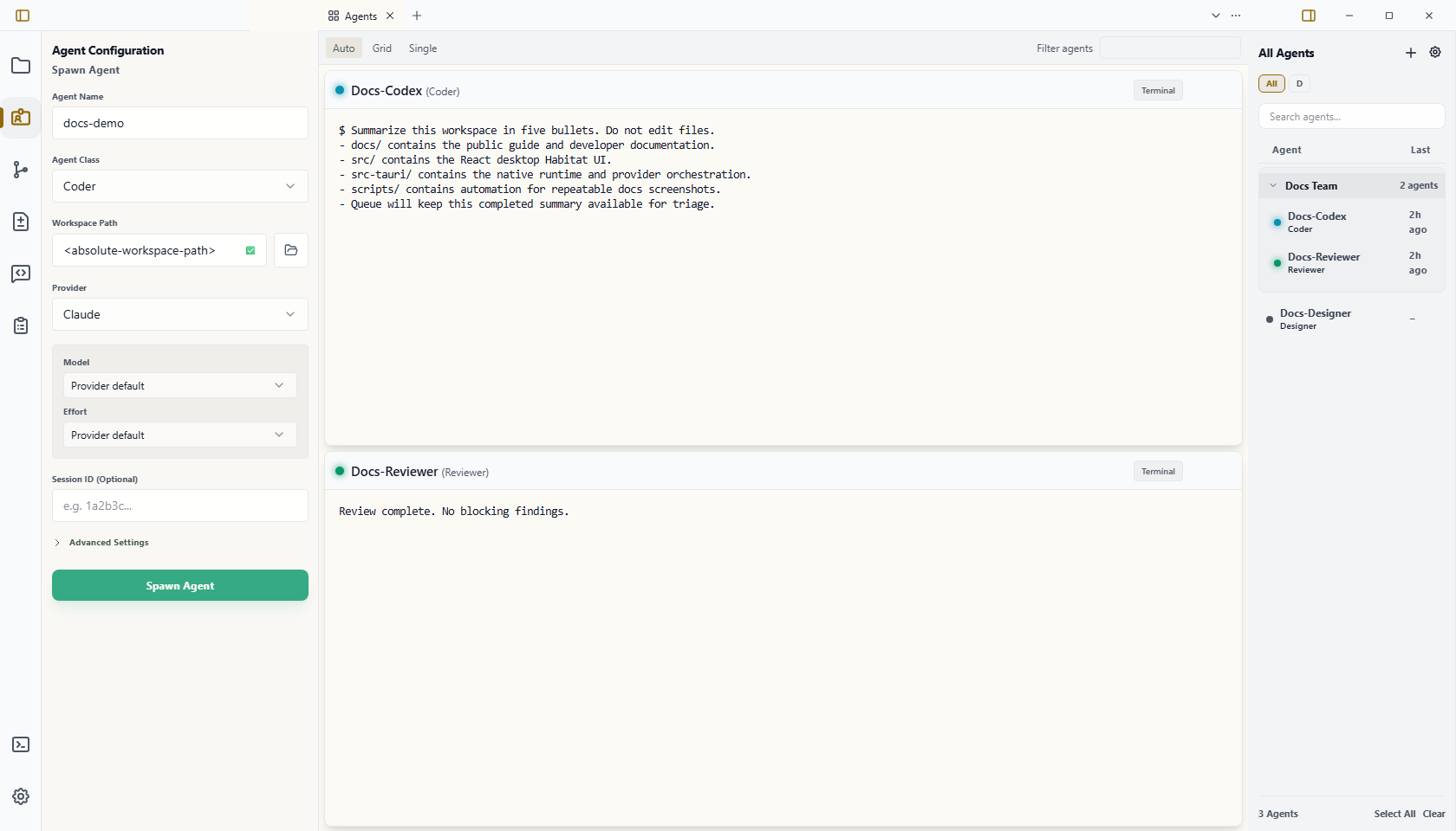Wardian spawn agent form with agent name, class, workspace, provider, and Spawn Agent controls