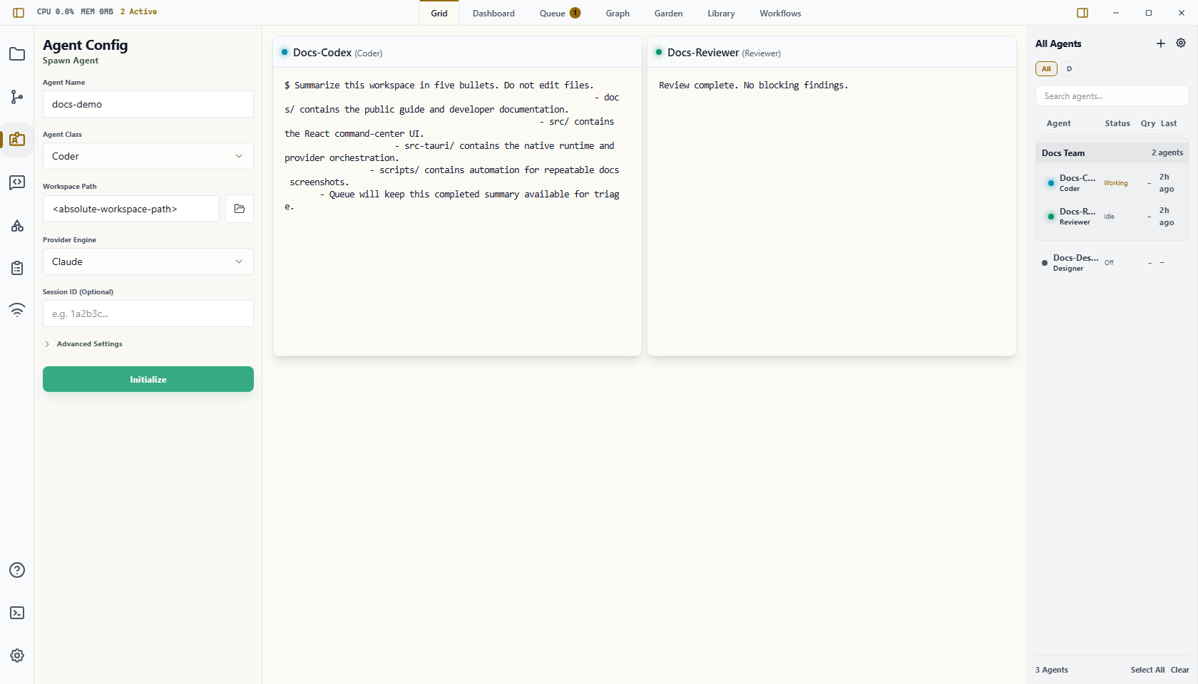 Wardian spawn agent form with agent name, class, workspace, provider, and initialize controls