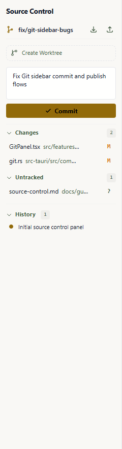 Source Control panel showing branch state, commit box, staged changes, unstaged changes, and history