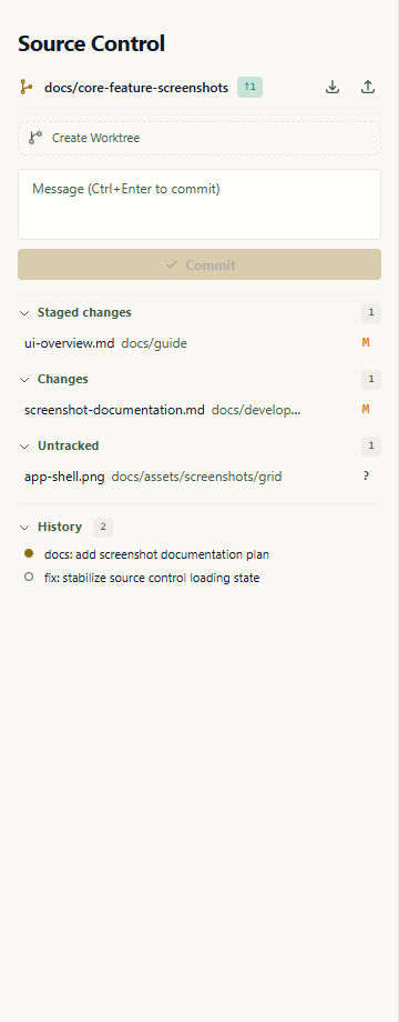 Source Control panel showing branch state, commit box, staged changes, unstaged changes, and history