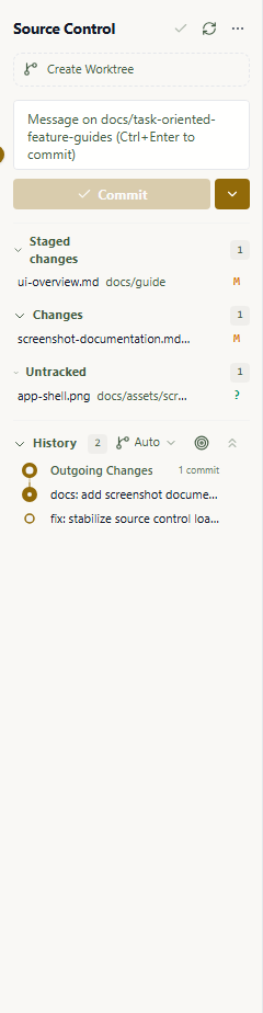 Source Control panel showing branch state, commit box, staged changes, unstaged changes, and history