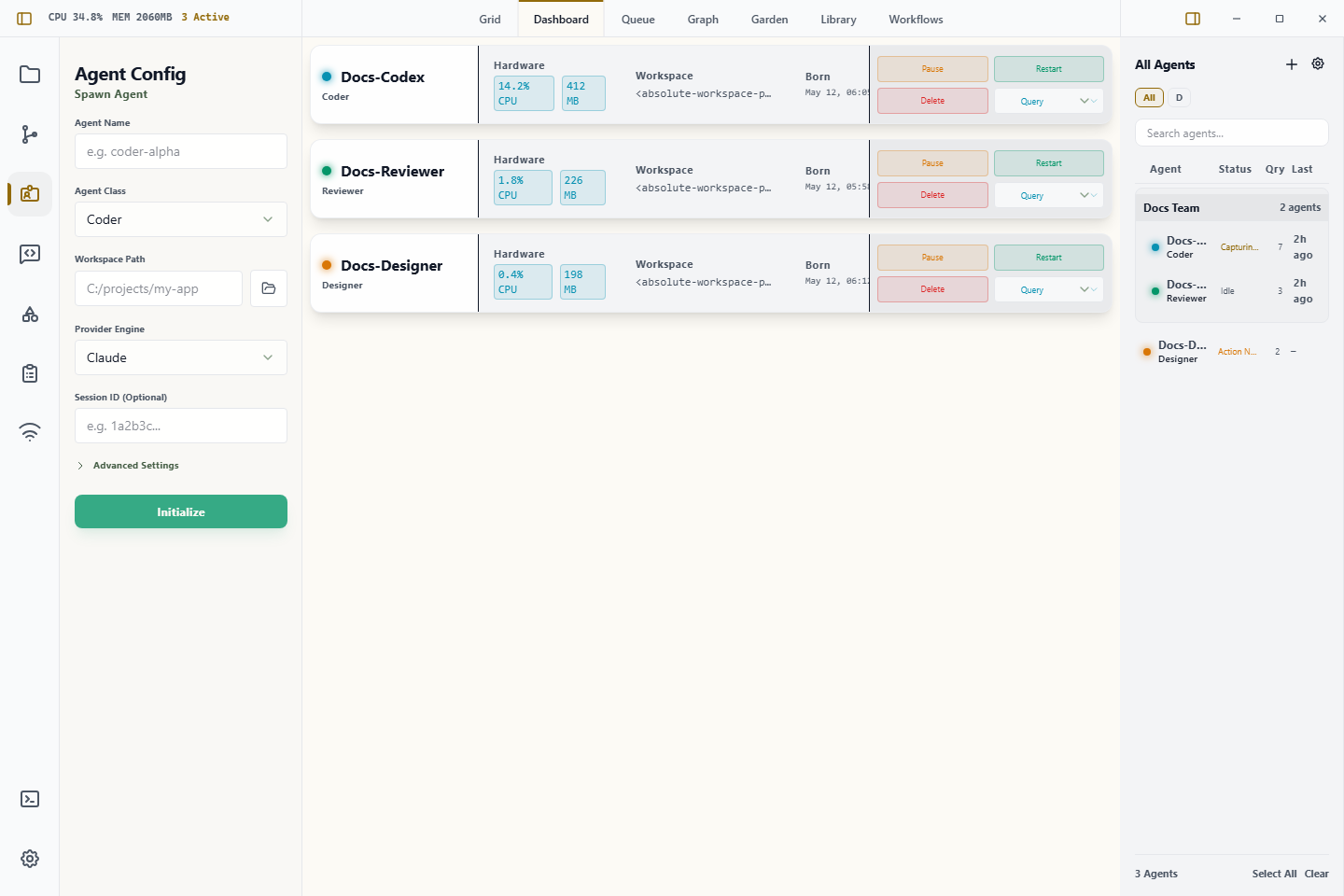 Wardian Dashboard view showing compact agent status rows and quick controls