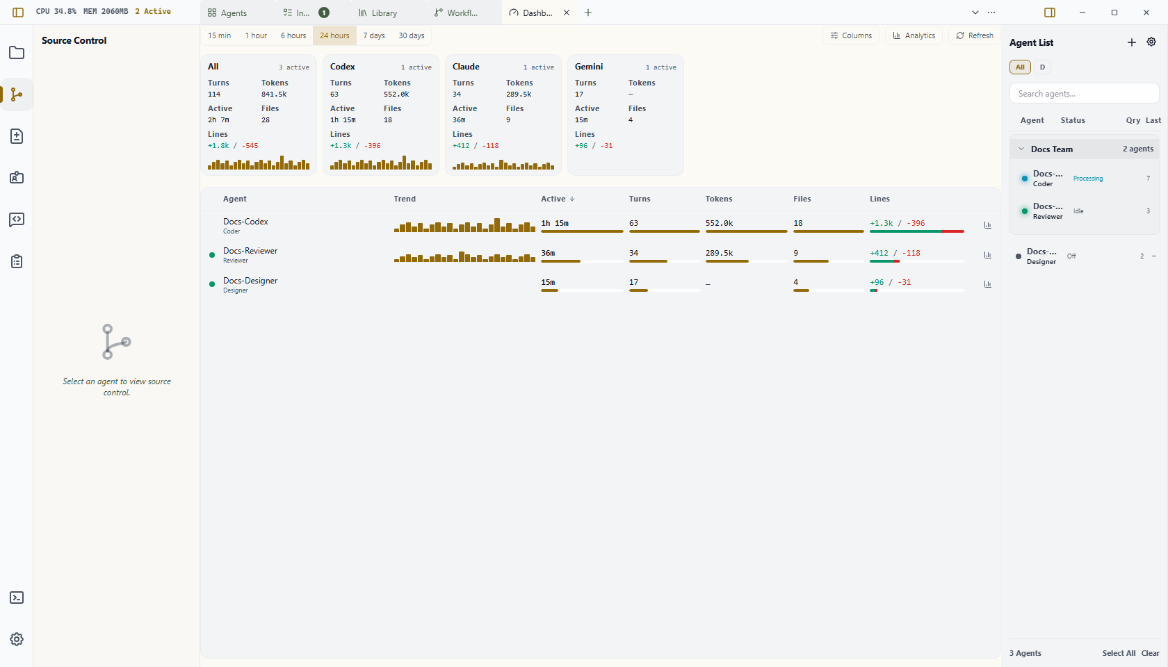 Wardian Dashboard view showing compact agent status rows and quick controls