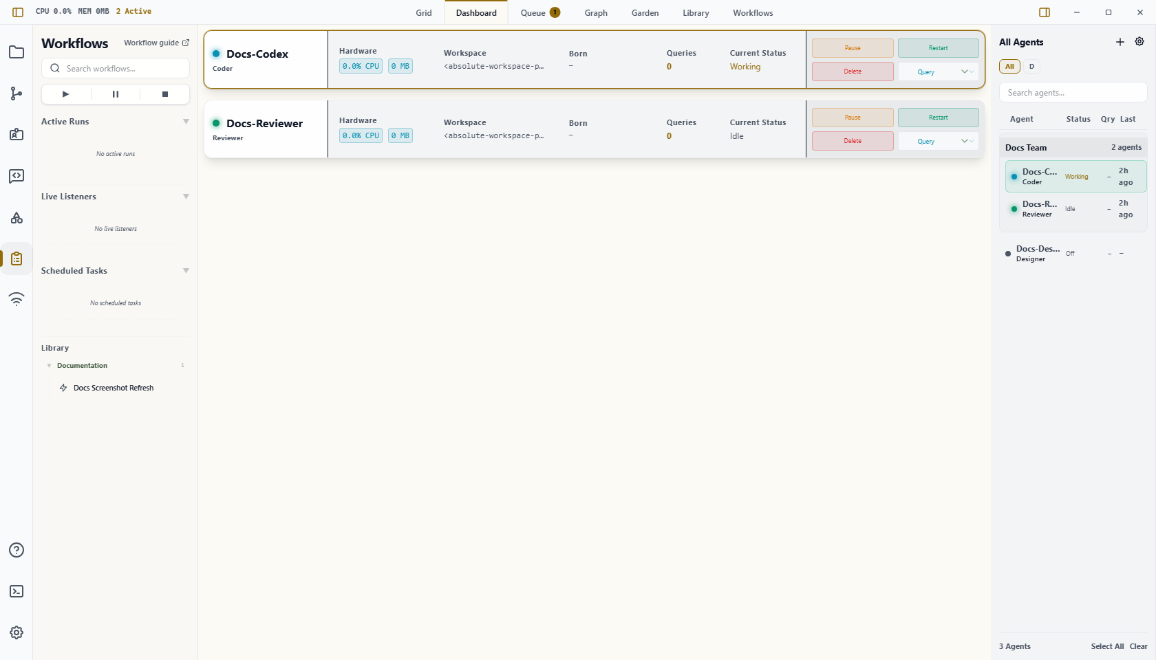 Wardian Dashboard view showing compact agent status rows and quick controls