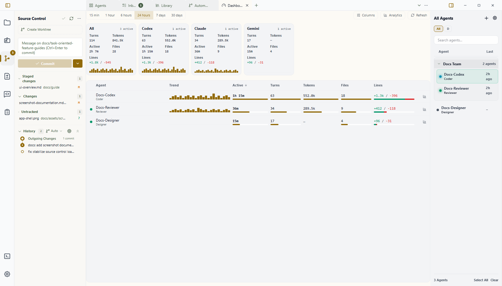 Wardian Dashboard view showing compact agent status rows and quick controls