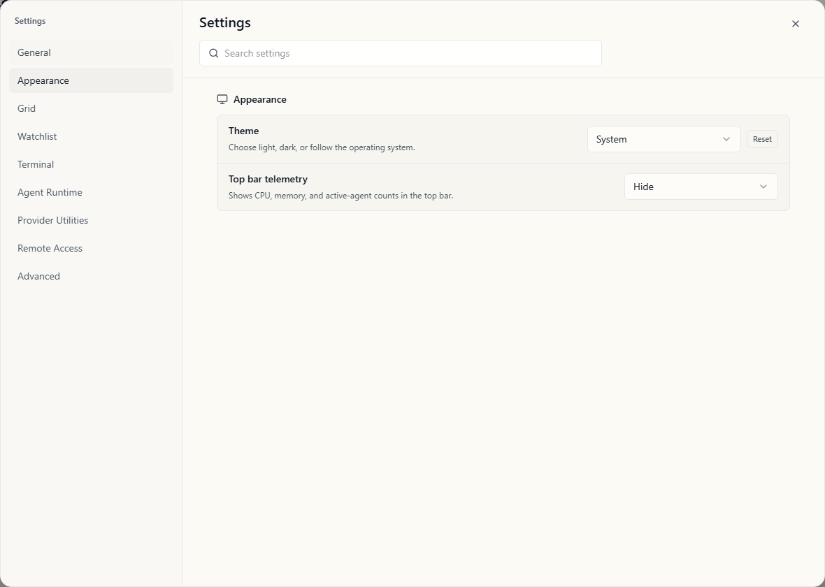 Settings Appearance section showing the Top bar telemetry visibility control