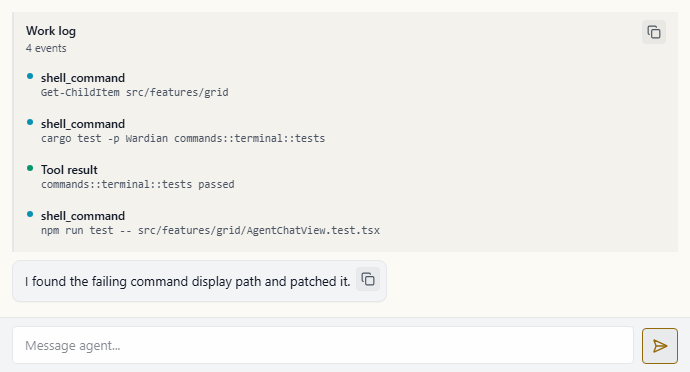 Grid chat mode showing a grouped work log with concrete shell commands instead of generic status rows