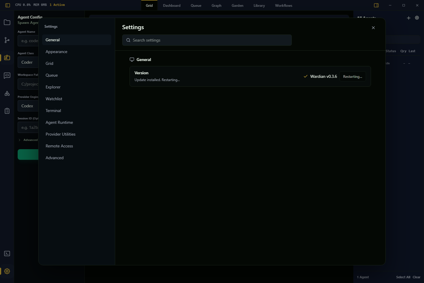 Wardian Settings update row showing the restarting state after an update is installed