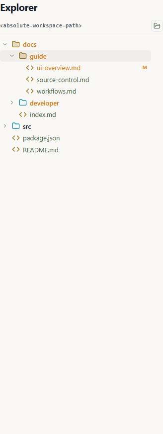 Explorer panel showing a selected agent workspace tree with changed documentation files